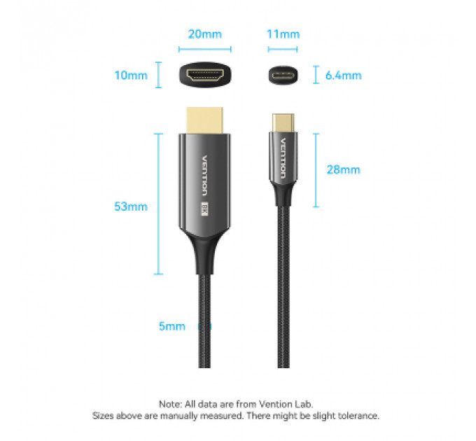 Кабель мультимедійний USB-C 3.1 to HDMI 1.8m 8K 60 Гц Zinc Alloy TPE Black Vention (CRCBAC)
