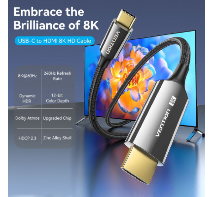 Кабель мультимедійний USB-C 3.1 to HDMI 1.8m 8K 60 Гц Zinc Alloy TPE Black Vention (CRCBAC)