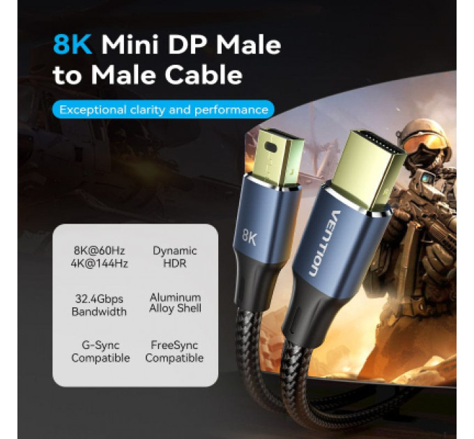 Кабель мультимедійний Mini DisplayPort to Mini DisplayPort 2.0m V1.4 8K 60Hz 32.4Gbps Blue Aluminum Alloy Vention (HCGLH)