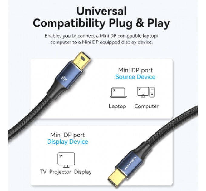 Кабель мультимедійний Mini DisplayPort to Mini DisplayPort 2.0m V1.4 8K 60Hz 32.4Gbps Blue Aluminum Alloy Vention (HCGLH)