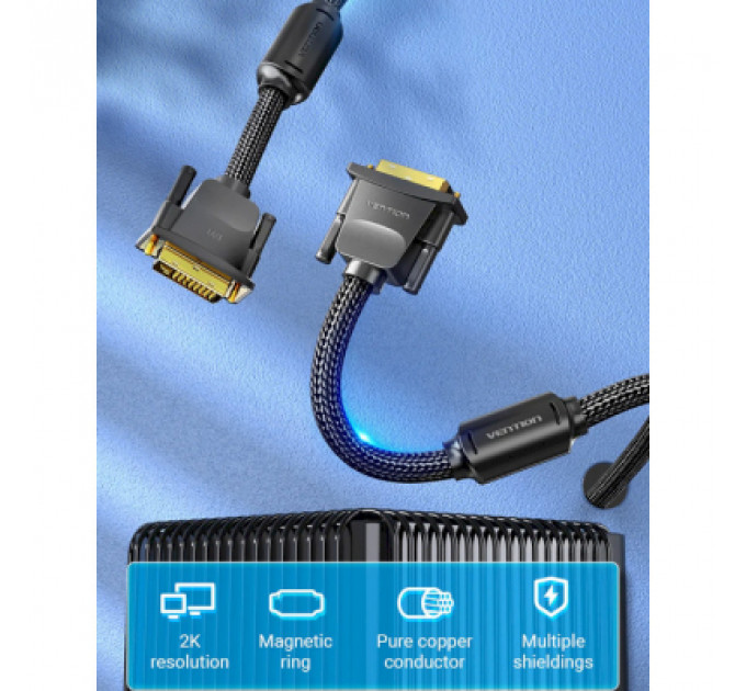 Кабель мультимедійний DVI to DVI 24+1pin 8.0m 2K 60Hz ferrite Vention (EAEBK)