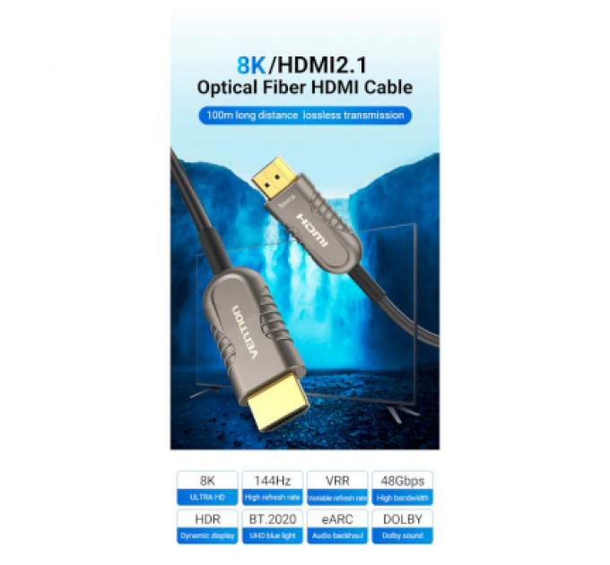 Кабель мультимедійний HDMI to HDMI 15.0m V2.1 Optical 8K 60Hz 48Gbps Dolby 7.1 TPE Black Metal Type Vention (AAZBN)