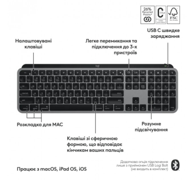 Клавіатура Logitech MX Keys S для MAC Bluetooth/Wireless UA Space Grey (920-011637)