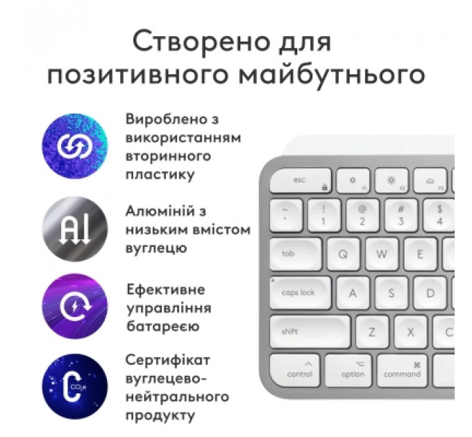 Клавіатура Logitech MX Keys S для MAC Bluetooth/Wireless UA Pale Grey (920-011638)