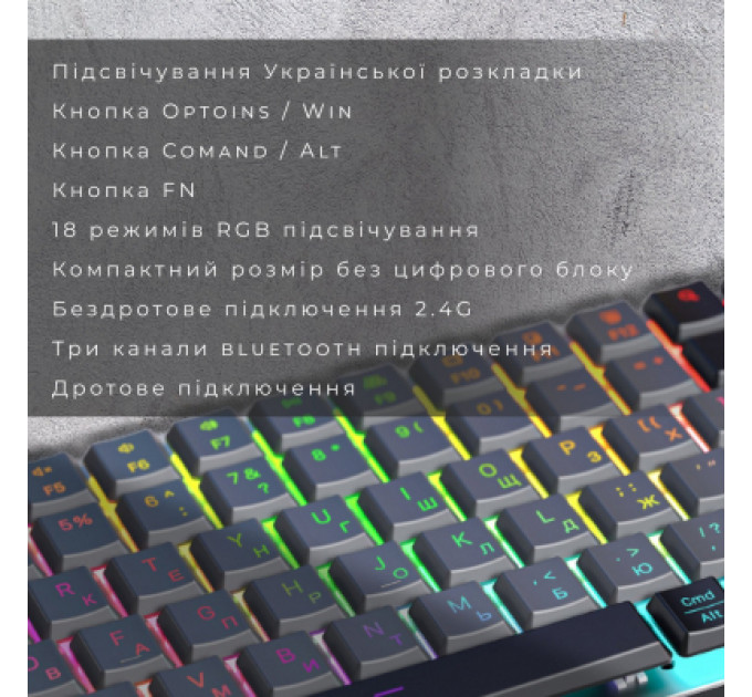 Клавіатура GamePro MK230R Red Swich Low Profile RGB Wireless/Bluetooth/USB Dark Gray (MK230R)