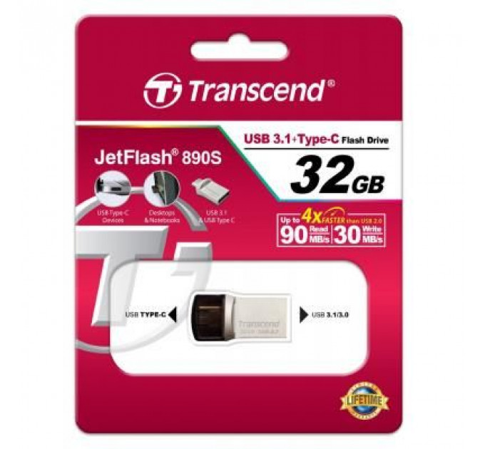 USB флеш накопичувач Transcend 32GB JetFlash 890S Silver USB 3.1 (TS32GJF890S)