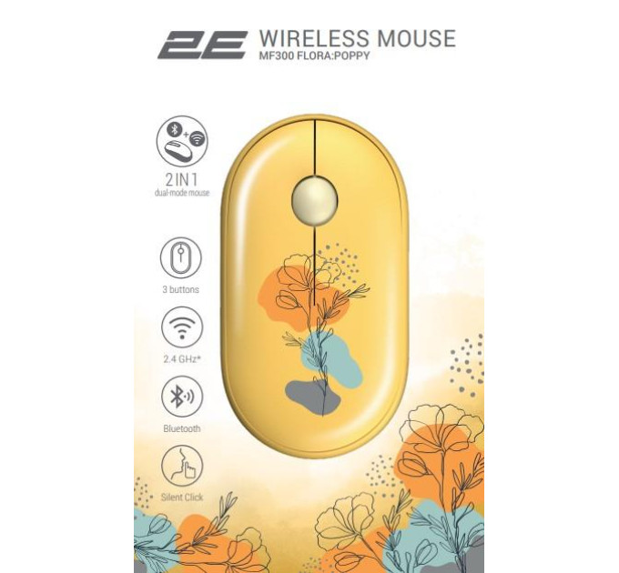 2E Мишка 2E MF300 FLORAPOPPY Silent Silent Wireless/Bluetooth Yellow (2E-MF300WFLORAYW)