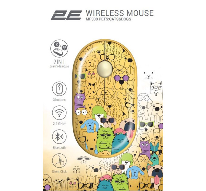 2E Мишка 2E MF300 PETSCATS&DOGS Silent Wireless/Bluetooth Yellow (2E-MF300WPETSYW)
