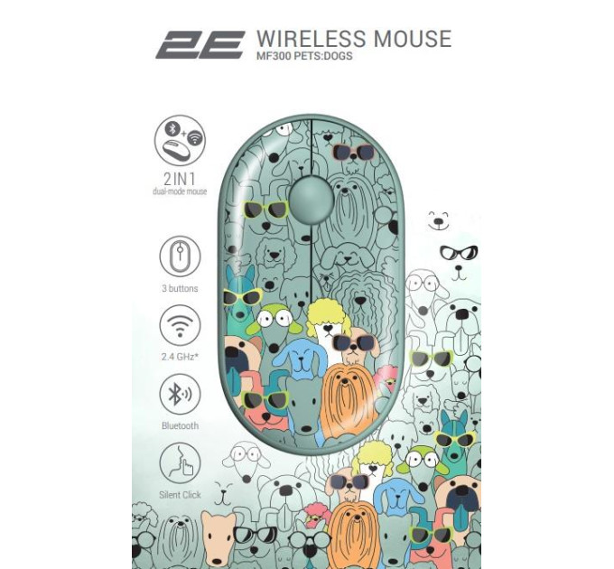 2E Мишка 2E MF300 PETSDOGS Silent Wireless/Bluetooth Green (2E-MF300WPETSGN)