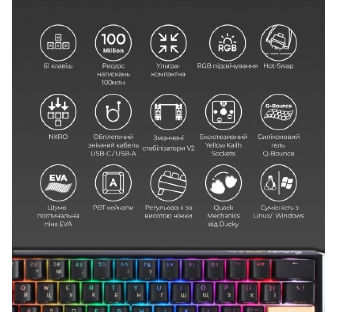 Ducky Клавіатура Ducky One 3 Mini Cherry MX Red RGB UA USB Black (DKON2161ST-RUAPXCLAWSC1)