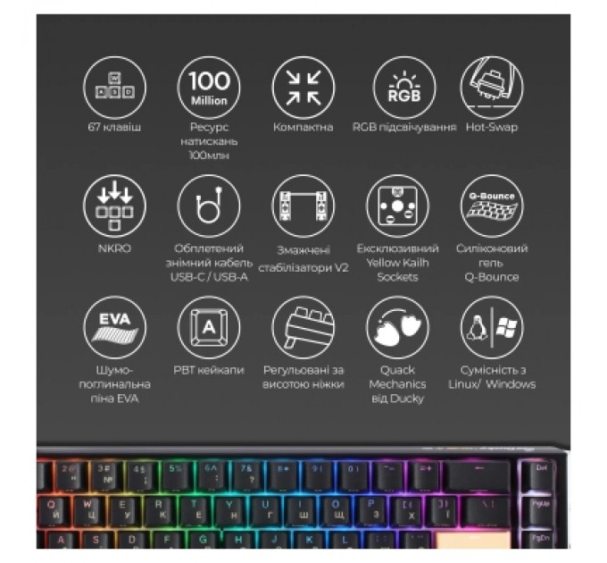 Ducky Клавіатура Ducky One 3 SF Cherry MX Red RGB UA USB Black (DKON2167ST-RUAPXCLAWSC1)