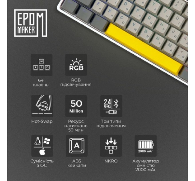 Клавіатура Epomaker EP64 60 Mulan Switch Hot-Swap RGB Wireless/Bluetooth/USB UA White (EP64-W-M)