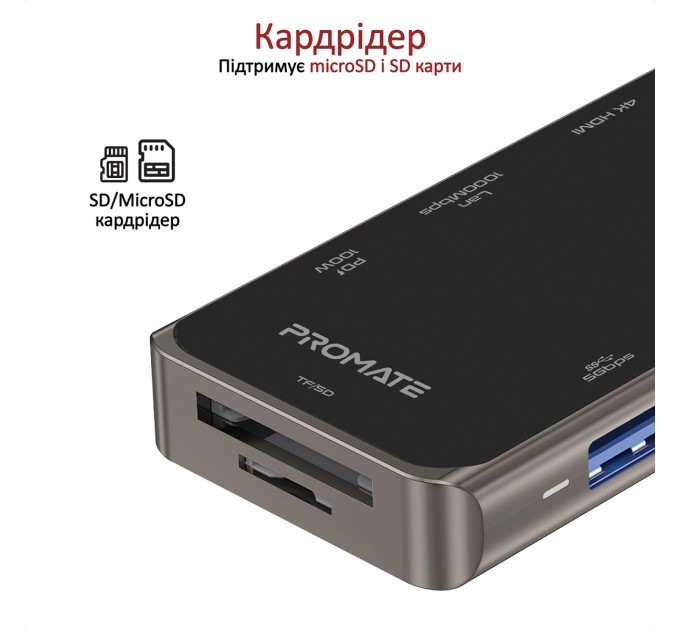 Концентратор USB Promate PrimeHub USB-C Grey (primehub-go.grey)