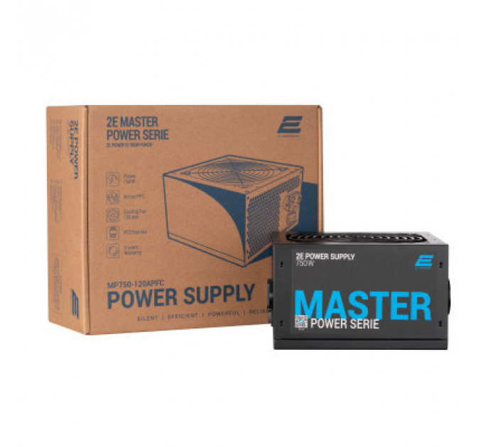 Блок живлення 2E MASTER POWER (750W), >80, 80+ White, 120mm, 1xMB 24pin(20+4), 1xCPU 8pin(4+4), 3xMolex, 5xSATA, (2E-MP750-120APFC)