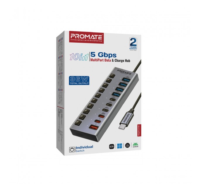 Концентратор USB Type-C Promate Gegahub-5G 10 in 1 Grey (gegahub-5g)