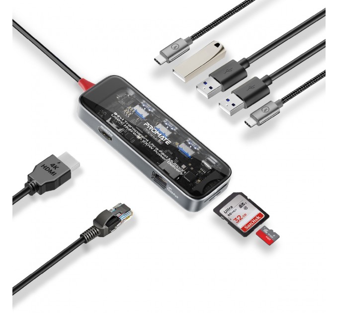 Концентратор USB Type-C Promate TransHub-Go 9 in 1 Grey (transhub-go)