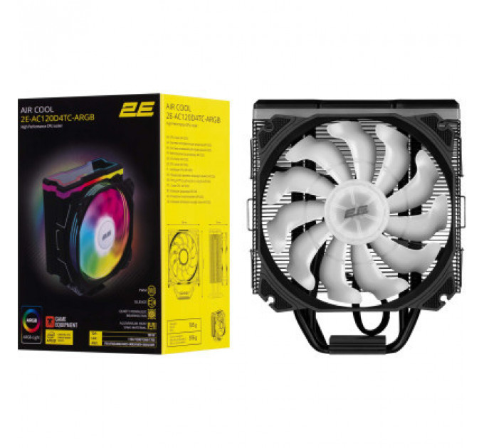Кулер до процесора 2E Gaming Air Cool AC120D4TC-ARGB, LGA1700, 1366, 1200, 115X, AM5, AM4, AM3, AM3+, AM2, AM2+, FM2, (2E-AC120D4TC-ARGB)