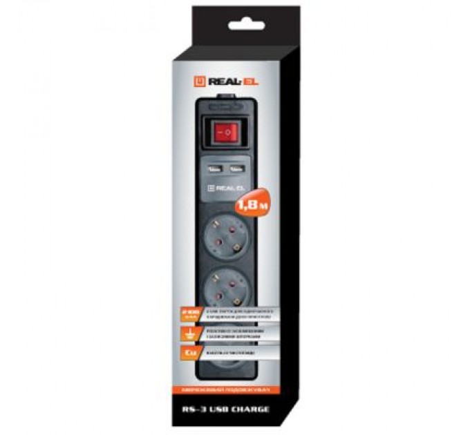 REAL-EL Мережевий подовжувач REAL-EL RS-3 USB CHARGE 1.8m, black (EL122500001)