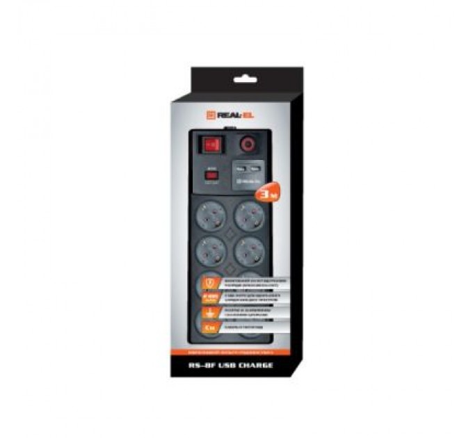 REAL-EL Мережевий фільтр живлення REAL-EL RS-8F USB CHARGE 3m, black (EL122300004)
