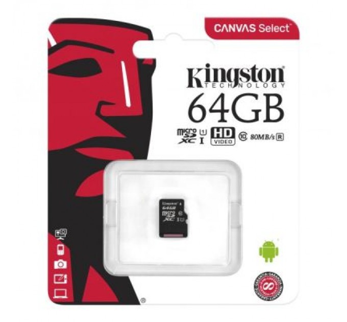 Kingston Карта пам'яті Kingston 64GB microSDXC Class 10 Canvas Select Plus 100R A1 (SDCS2/64GBSP)