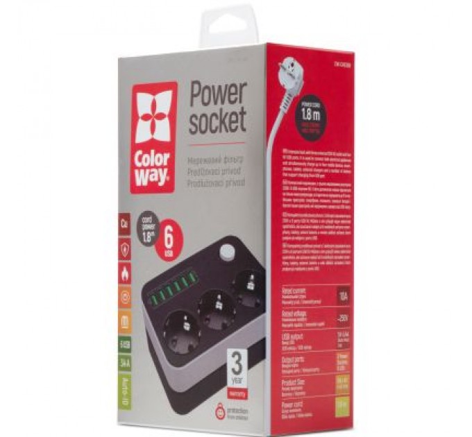 ColorWay Мережевий фільтр живлення ColorWay CW-CHЕ36B, 3 розетки/6USB Black 1.8M (CW-CHE36B)