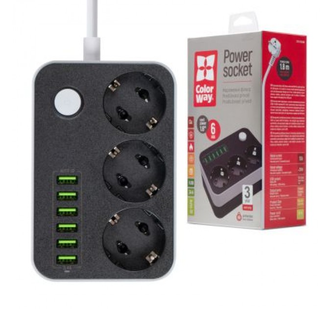 ColorWay Мережевий фільтр живлення ColorWay CW-CHЕ36B, 3 розетки/6USB Black 1.8M (CW-CHE36B)