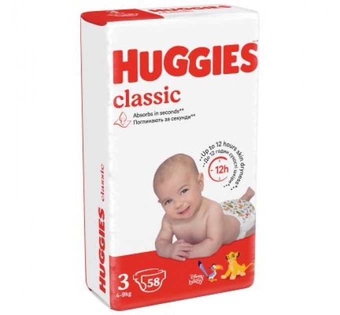 Huggies Підгузки Huggies Classic 3 (4-9 кг) Jumbo 58 шт (5029053543109)