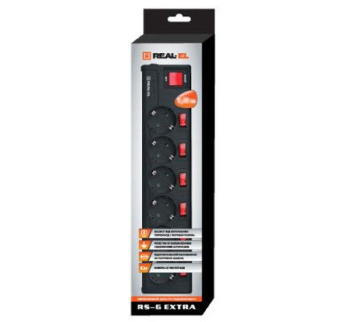 REAL-EL Мережевий фільтр живлення REAL-EL RS-6 EXTRA 3m, black (EL122300002)