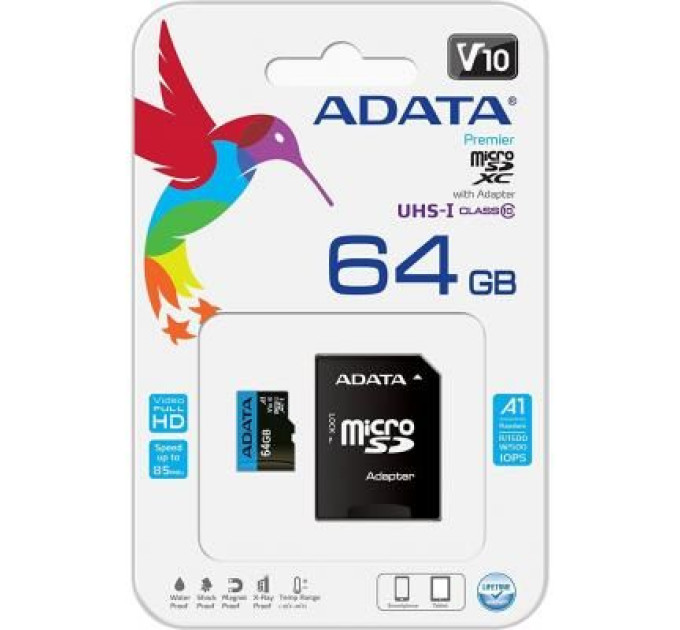 ADATA Карта пам'яті ADATA 64GB microSD class 10 UHS-I A1 Premier (AUSDX64GUICL10A1-RA1)