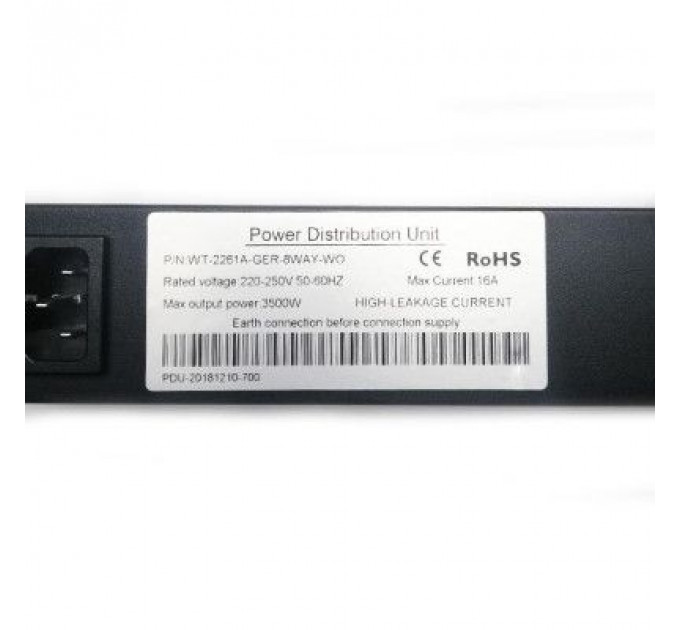 Силовий блок Eserver 19" 8 розеток, выкл., алюм. корпус PDU 220В, 16А (WT-2261A-GER-8WAY-WO)