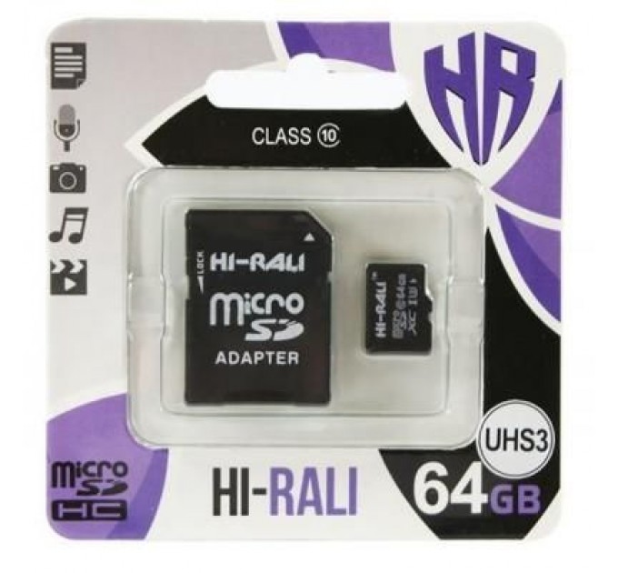 Hi-Rali Карта пам'яті Hi-Rali 64GB microSD class10 UHS-I U3 (HI-64GBSDU3CL10-01)