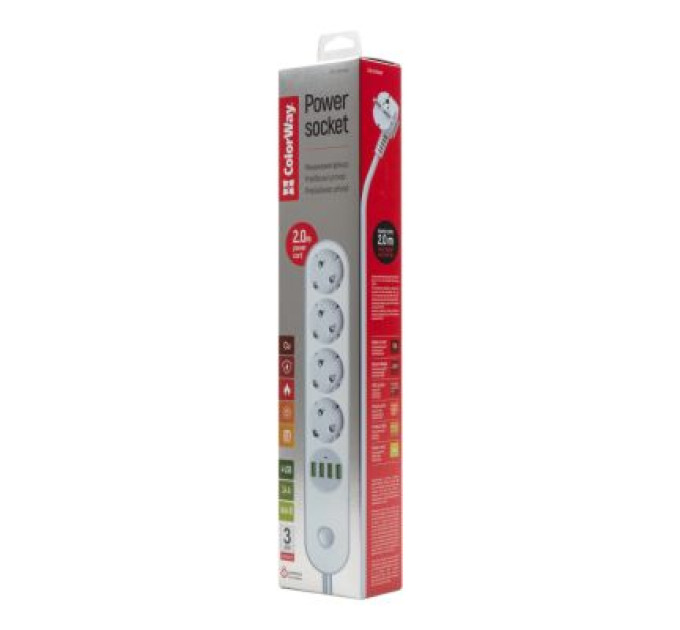 ColorWay Мережевий фільтр живлення ColorWay CW-CHE44W, 4 розетки/4USB White 2M (CW-CHE44W)