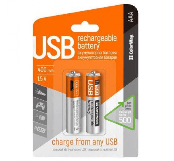 ColorWay Акумулятор ColorWay AAA USB-micro 400 mAh * 2 (CW-UBAAA-01)