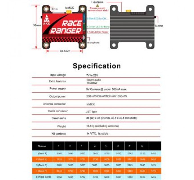 AKK Відеопередавач (VTX) AKK Race Ranger 1.6W 5.8GHz 48CH L,X Band (TX1918LX)