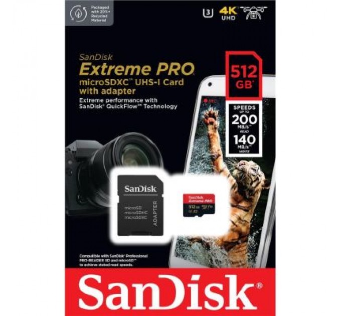 SanDisk Карта пам'яті SanDisk 512 GB microSDXC UHS-I U3 Extreme Pro+SD Adapter (SDSQXCD-512G-GN6MA)