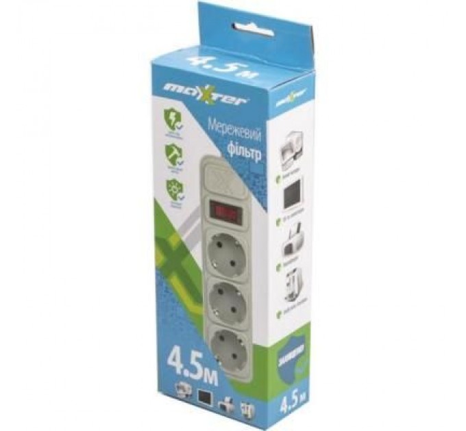 Maxxter Мережевий фільтр живлення Maxxter SPM3-G-15G grey, 4.5 м кабель, 3 розетки (SPM3-G-15G)