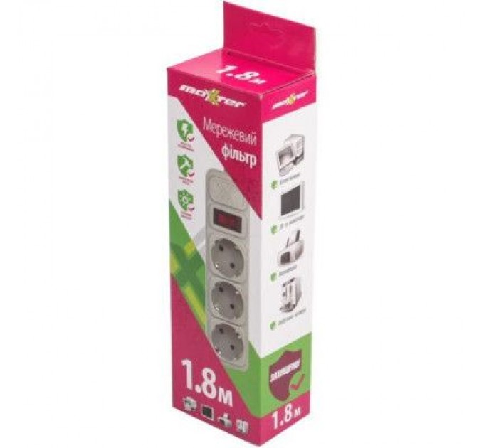Мережевий фільтр живлення Maxxter SPM3-G-6G серый 1.8 м кабель, 3 розетки (SPM3-G-6G)