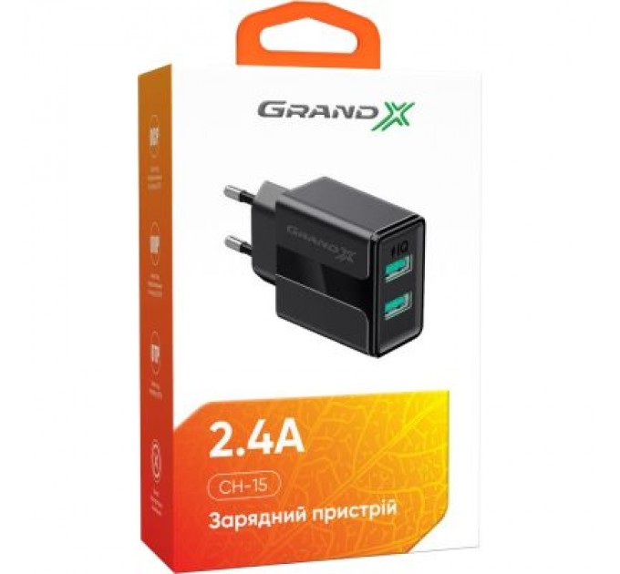Grand-X Зарядний пристрій Grand-X 5V 2,4A USB Black (CH-15B)