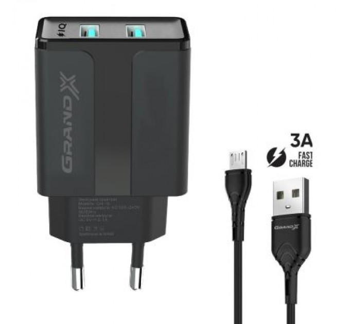 Grand-X Зарядний пристрій Grand-X CH-15UMB (5V/2,1A + DC cable 2,4А USB -> Micro USB 1m) Black (CH-15UMB)