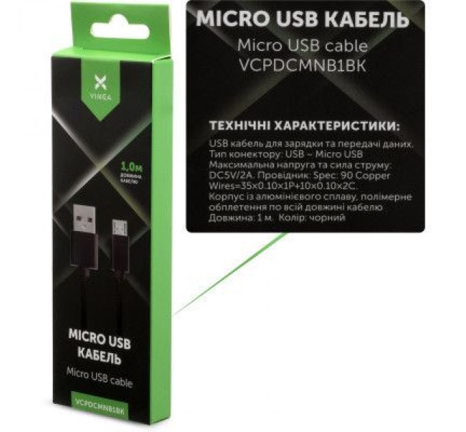Vinga Дата кабель USB 2.0 AM to Micro 5P 1m nylon black Vinga (VCPDCMNB1BK)