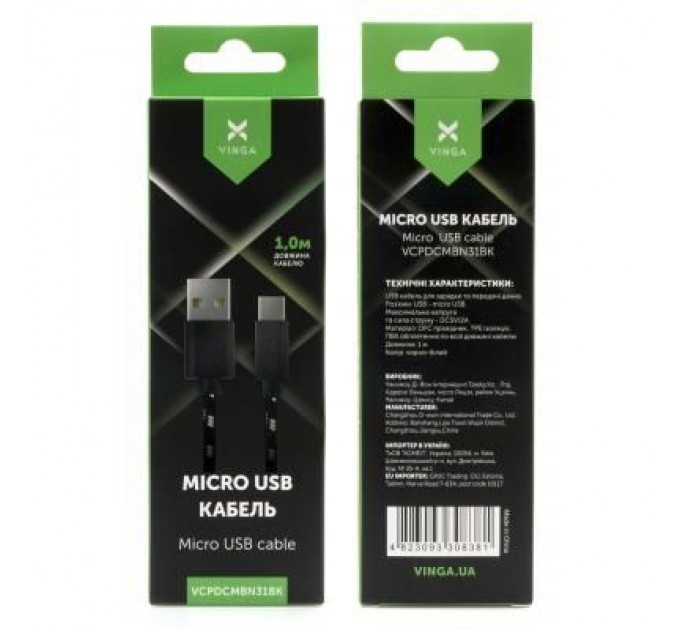 Vinga Дата кабель USB 2.0 AM to Micro 5P 2color nylon 1m black Vinga (VCPDCMBN31BK)