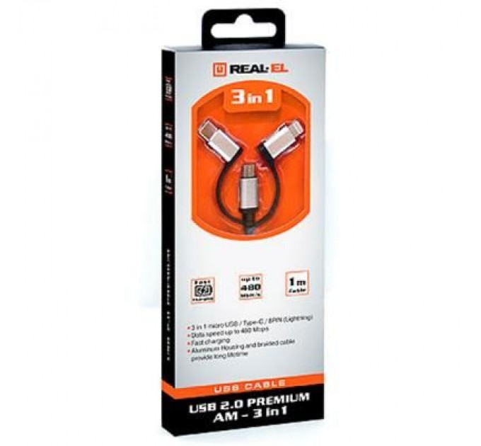REAL-EL Дата кабель USB 2.0 AM to 3in1 1.0m Premium black REAL-EL (EL123500035)