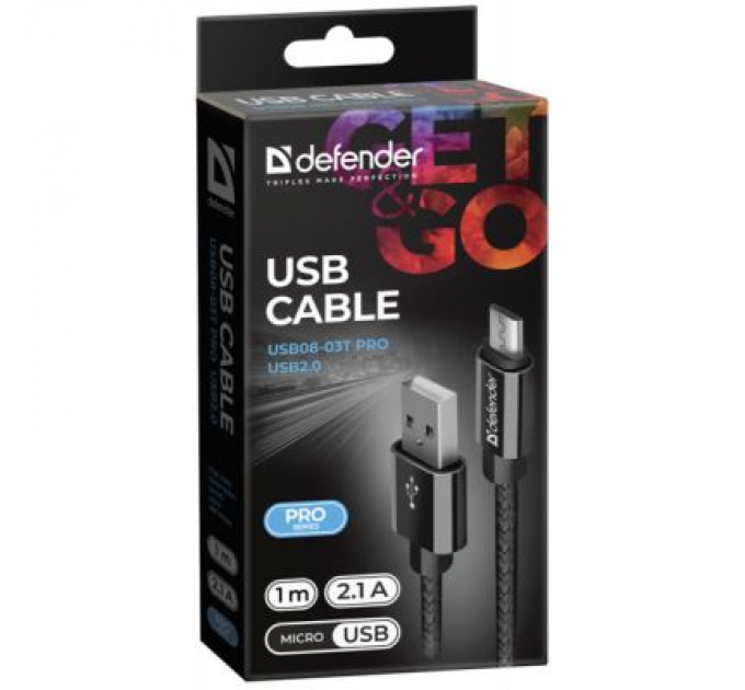 Defender Дата кабель USB 2.0 AM to Micro 5P 1.0m USB08-03T PRO black Defender (87802)