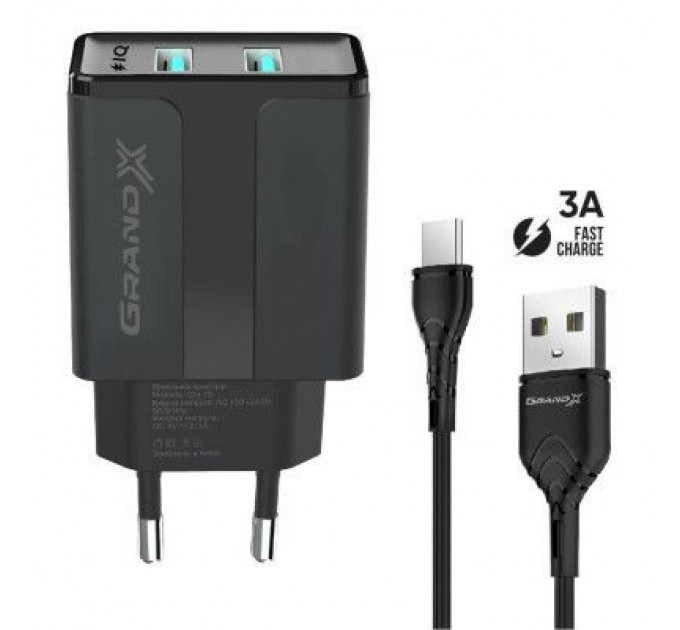 Grand-X Зарядний пристрій Grand-X CH-15T 5V 2,4A 2USB Black + cable USB -> Type-C (CH-15T)