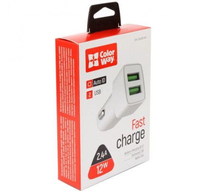 ColorWay Зарядний пристрій ColorWay 2USB AUTO ID 2.4A (12W) white (CW-CHA009-WT)