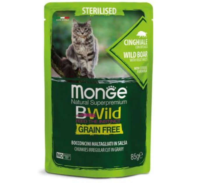 Monge Вологий корм для кішок Monge Cat Bwild GR.FREE Wet Sterilised м'ясо дикого кабана з овочами 85 г (8009470012805)