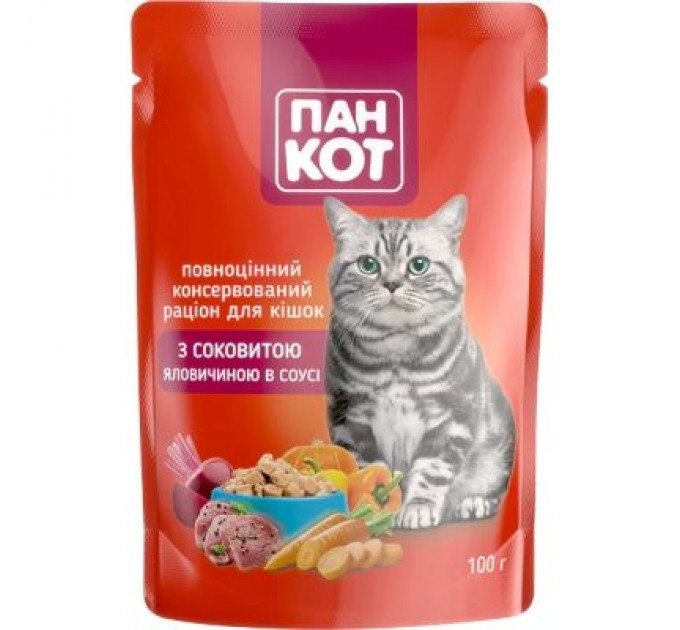 Пан Кот Вологий корм для кішок Пан Кот яловичина в соусі 100 г (4820111141029)