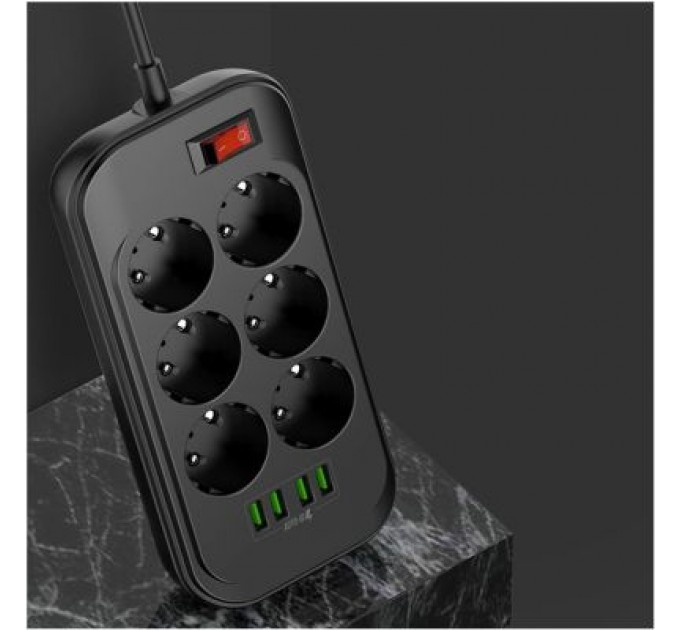 ColorWay Мережевий фільтр живлення ColorWay CW-CHE64B, 6 розеток/4USB Black (CW-CHE64B)