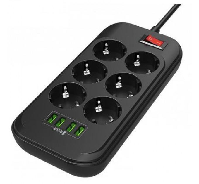 ColorWay Мережевий фільтр живлення ColorWay CW-CHE64B, 6 розеток/4USB Black (CW-CHE64B)