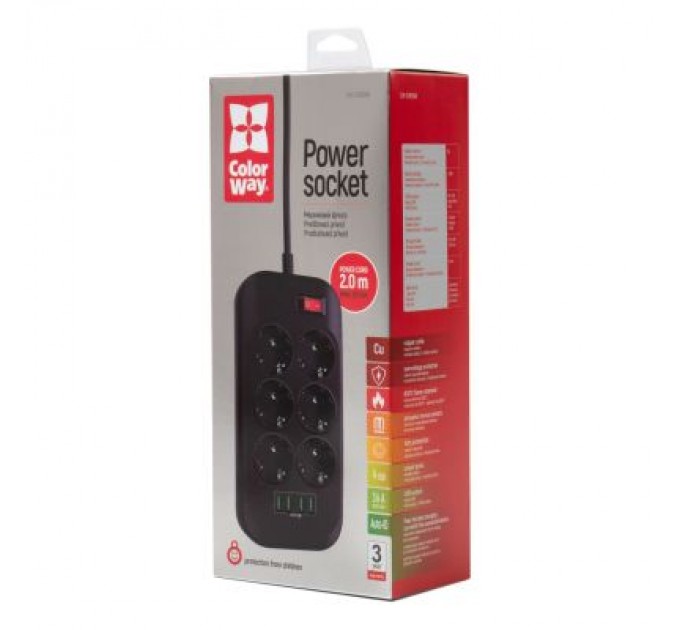 ColorWay Мережевий фільтр живлення ColorWay CW-CHE64B, 6 розеток/4USB Black (CW-CHE64B)